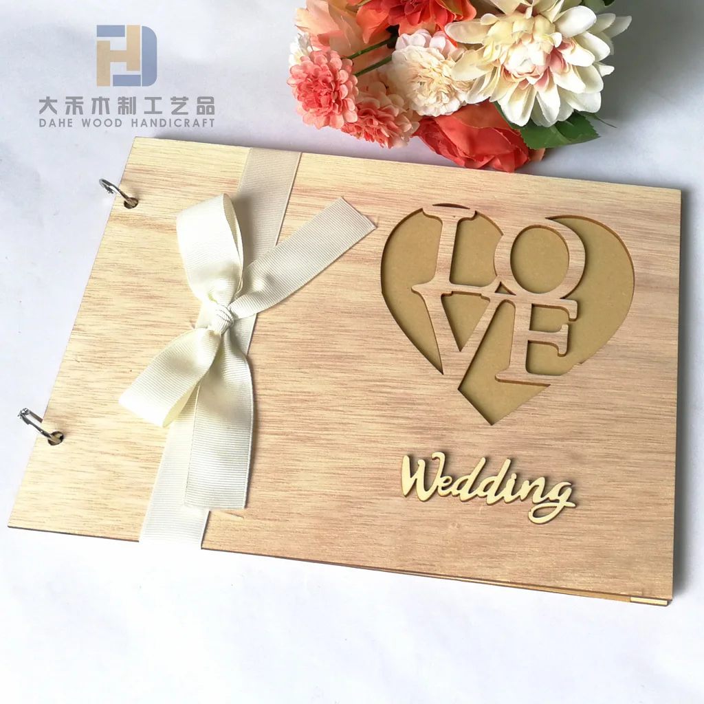 Hot Sale Laser Engraved Wooden Guest Book 20 Pages Custom Wood Notepad for Wedding Use Message Decoration