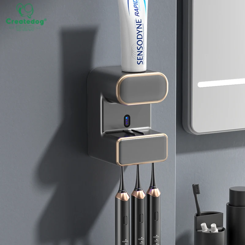 Bathroom Wall Automatic Toothpaste Dispenser with 3 disinfect Toothbrush Slots, Auto Toothpaste Dispenser with Sensor for Family