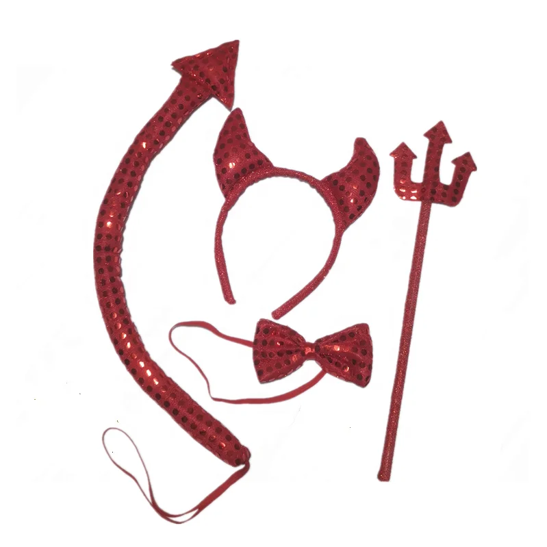 custom halloween cosplay red devil horns headband bow fork and tail 4PC set sequin devil costume accessories