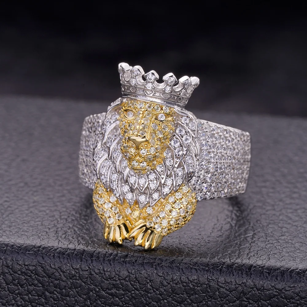 Rapper Hip Hop New Brass Clear Cz Two Tone Silver Plated Lion Ring For Men