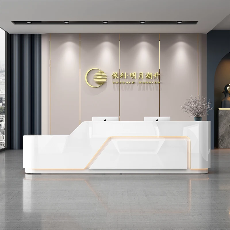 LANRAN Baking Varnished Glossy White Reception Desk for Salon with LED Light