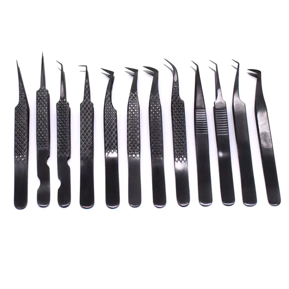 High Quality 90 Degree Tweezer Wholesale Eyelash Extension Tweezers Manufacturer Fiber Tip Matte Black Mega Volume Tweezers