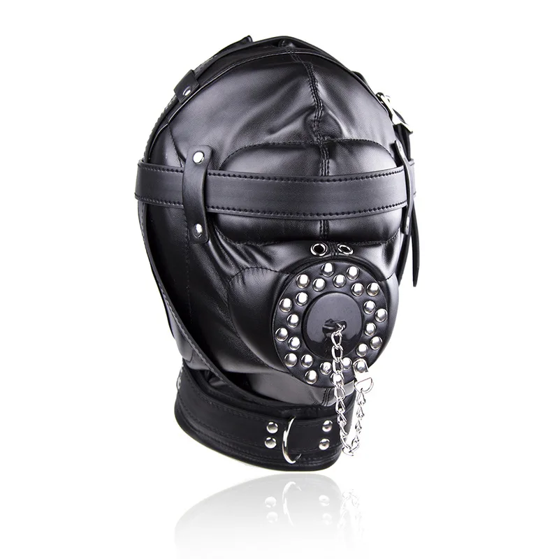 Bondage Restraint BDSM Fully Enclosed Leather Headgear Head Hood with Cover Open Mouth Fetish Mask Hood  mouth gag