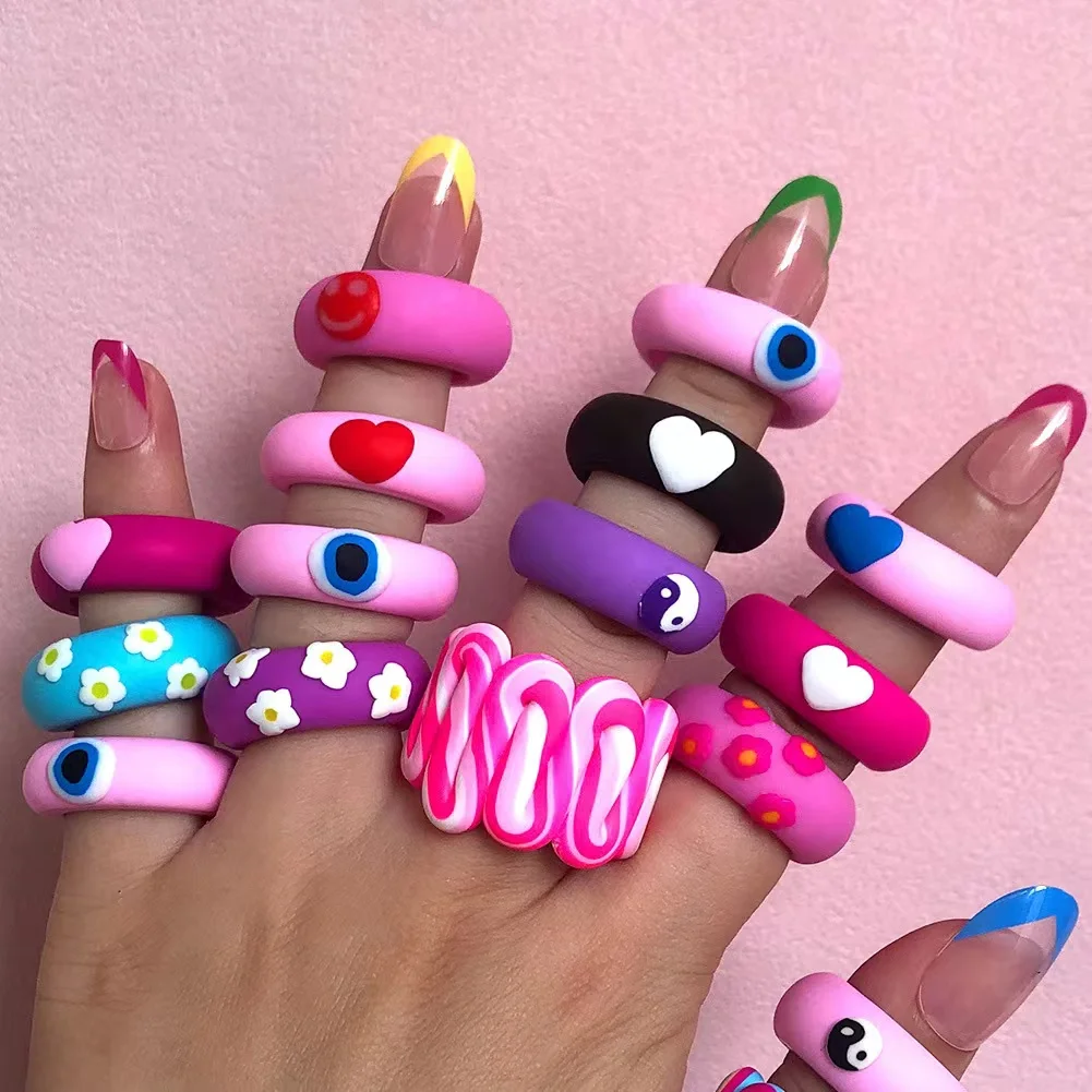 Fashion Colorful Polymer Clay Cute Ring Daisy Ring Pink Heart Ring for Women