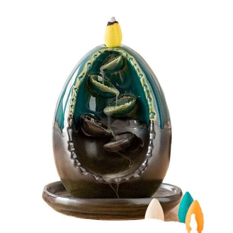 Waterfall Incense Burner Backflow Ceramic Inscents Cone Stick Holder with 10 Cool Back Flow Cones Incent Set