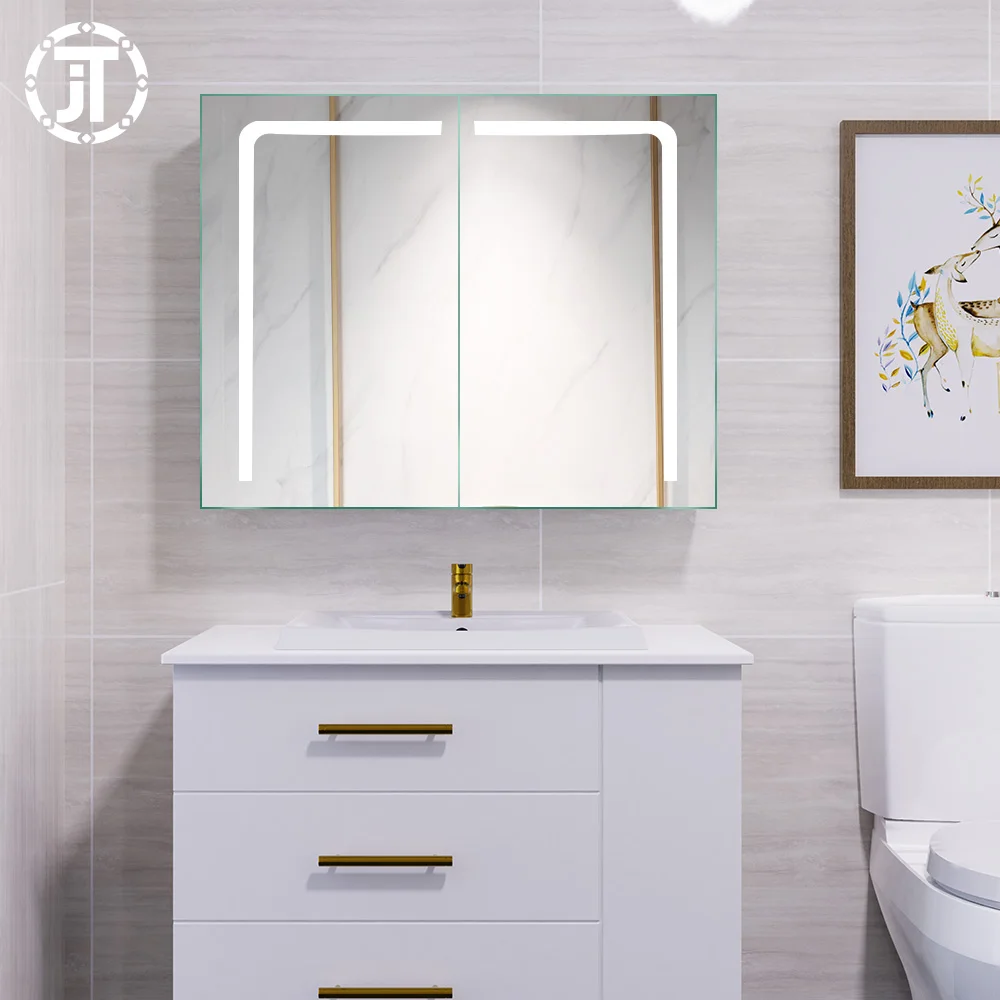 IP44 Waterproof Led Illuminated Sliding 2 Door Bath Mirrors Wall Mounted Lighted Bathroom Cabinet Motion Sensor Glass Rectangle