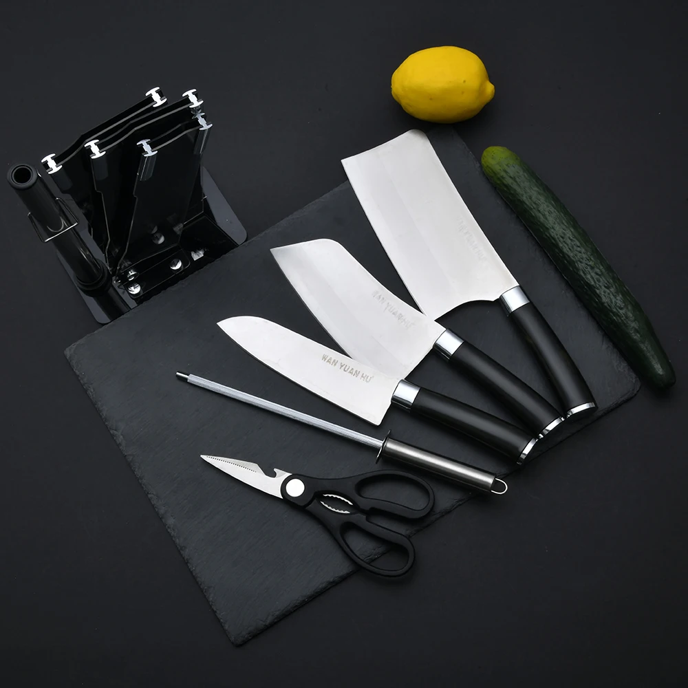 Modern Design High-Quality Black Handle Professional Stainless Steel 6pc Kitchen Knife Set with Scissors and Stand