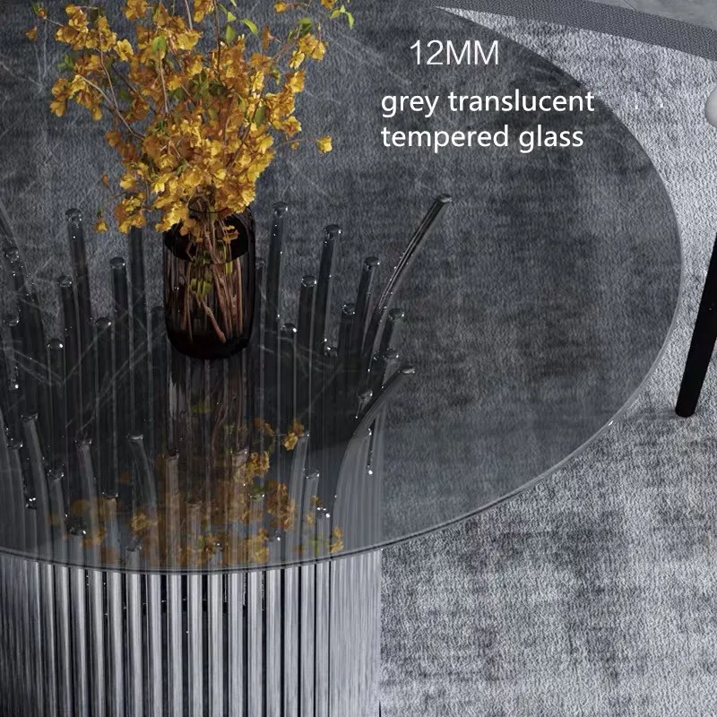 Black round tempered glass dining table with gold silver stainless steel base for home hotel restaurant dining room