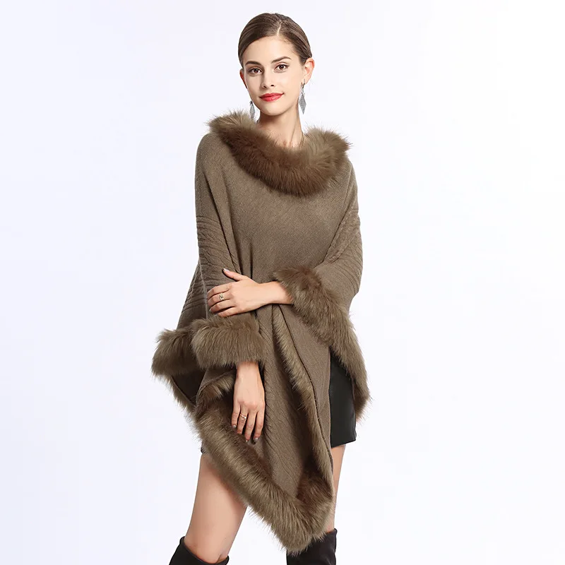 Women knitted poncho adult blanket scarf faux fur cape shawl winter wholesale mexican ponchos 2022
