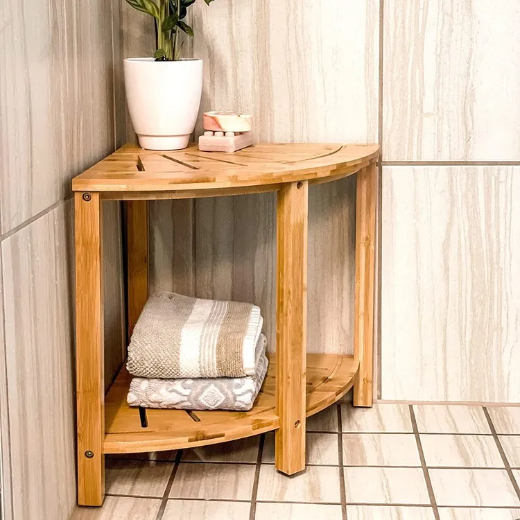 Bathroom Bamboo Corner Bath Bench Shaving Stool Non-Slip Multi-Purpose Wood 2-Tier Shower Chair Seat With Organizer Shelf