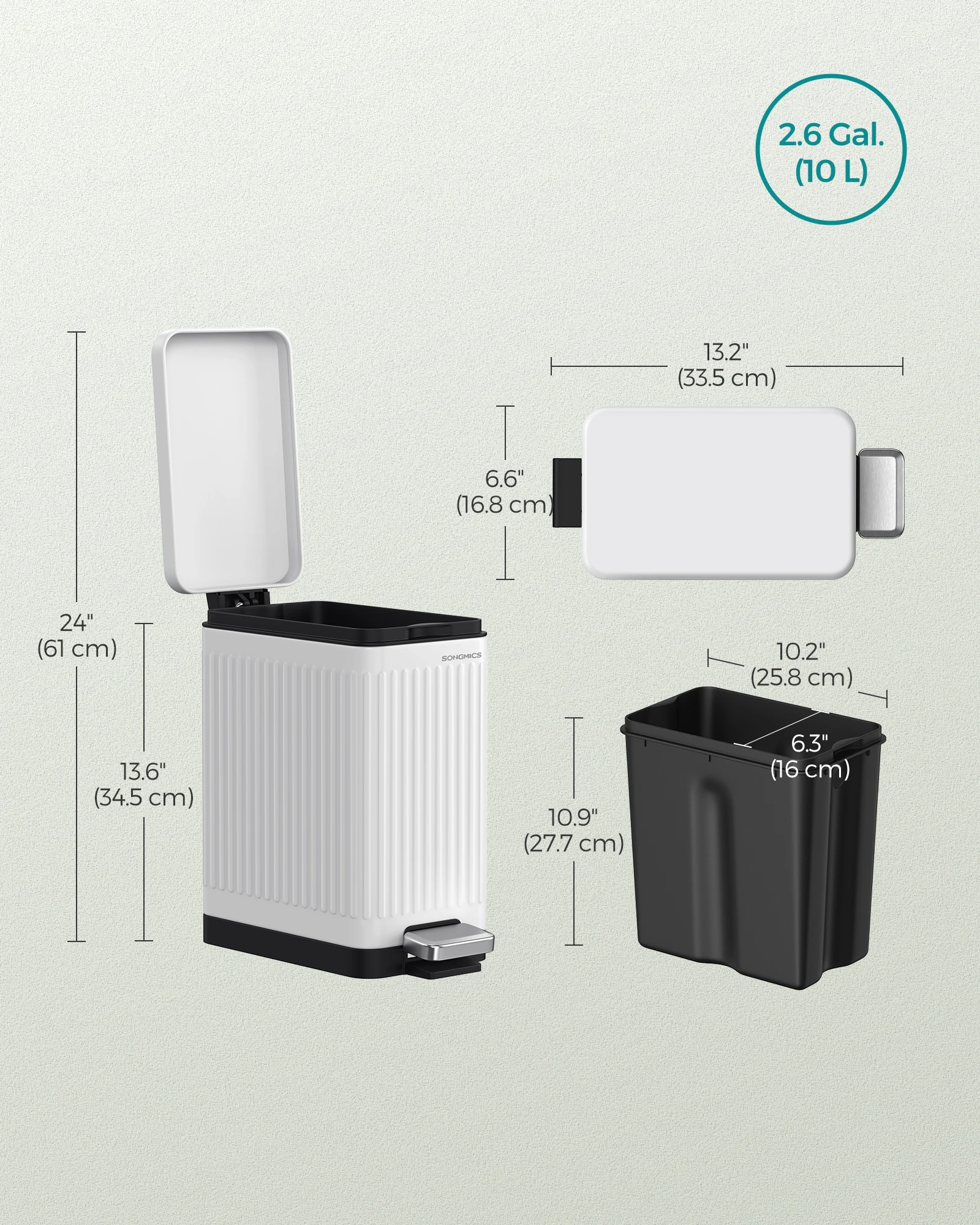 SONGMICS slim 10 L Rubbish Can  Waterproof Dustbin Home Garbage Bin foot step pedal  trash can