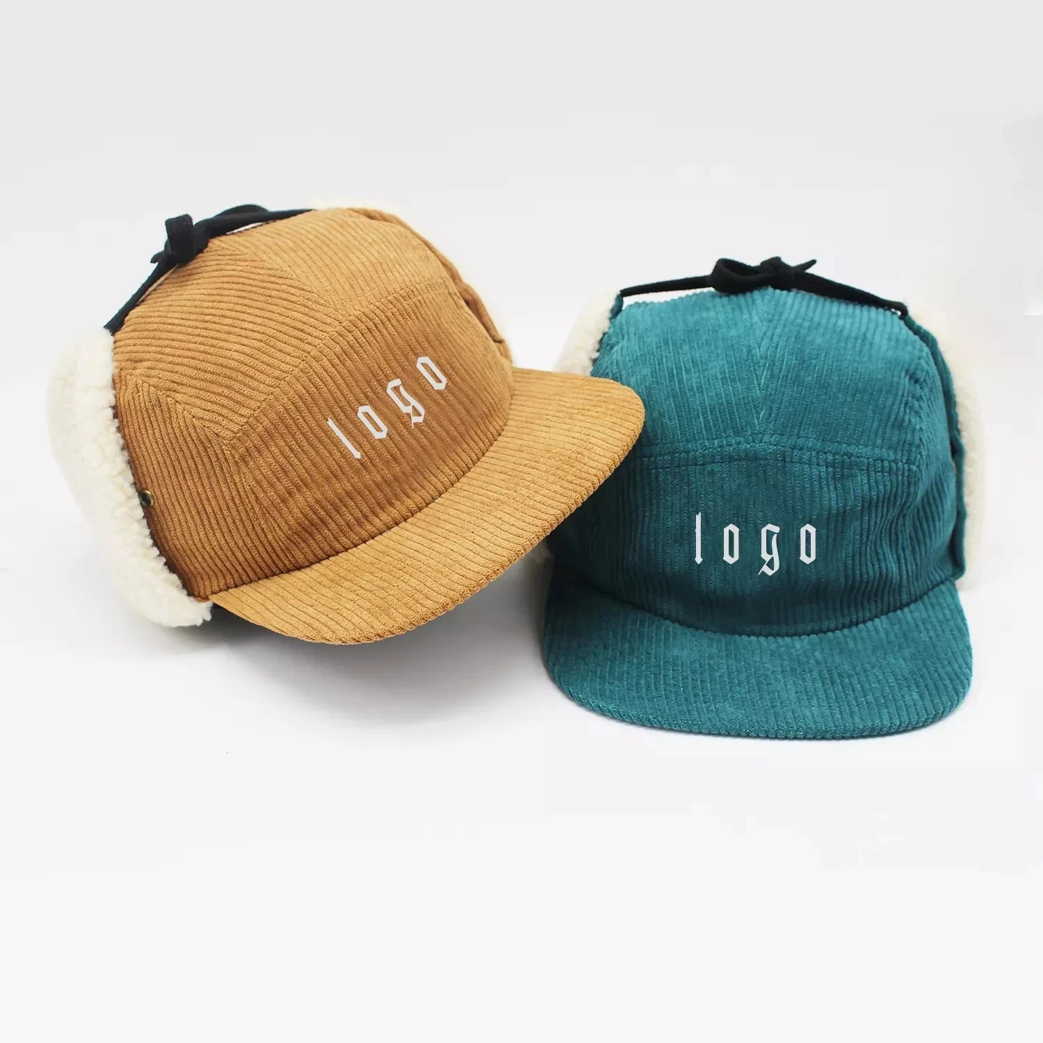 Custom Embroidery Corduroy Lamb Earflap  Winter Hats and Camping Hats Flat Brim Snapback Hat Wholesale