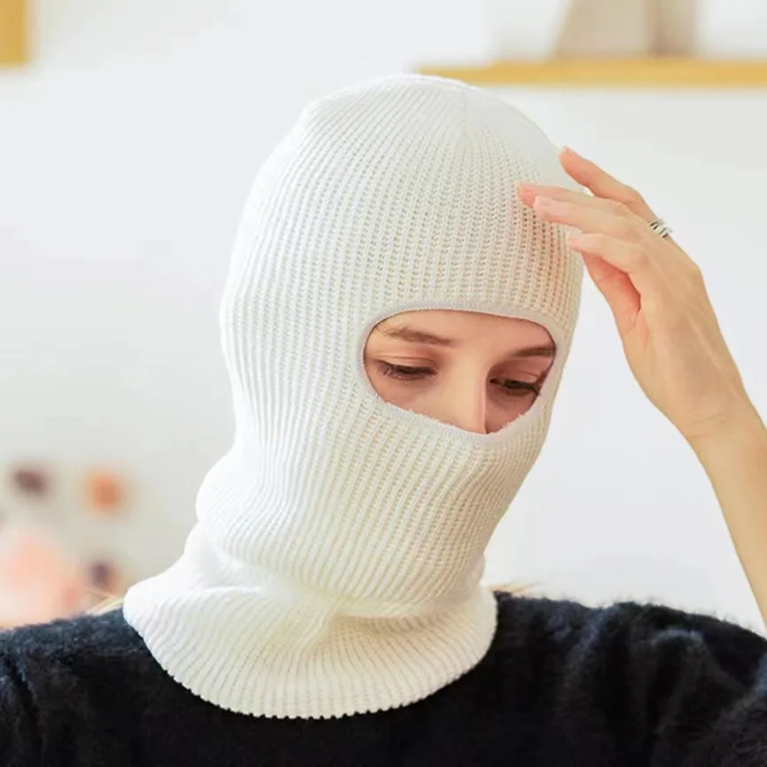 Wholesale custom windproof winter warm one hole ski mask knit hat unisex solid acrylic cycling full face mask Balaclavas hat