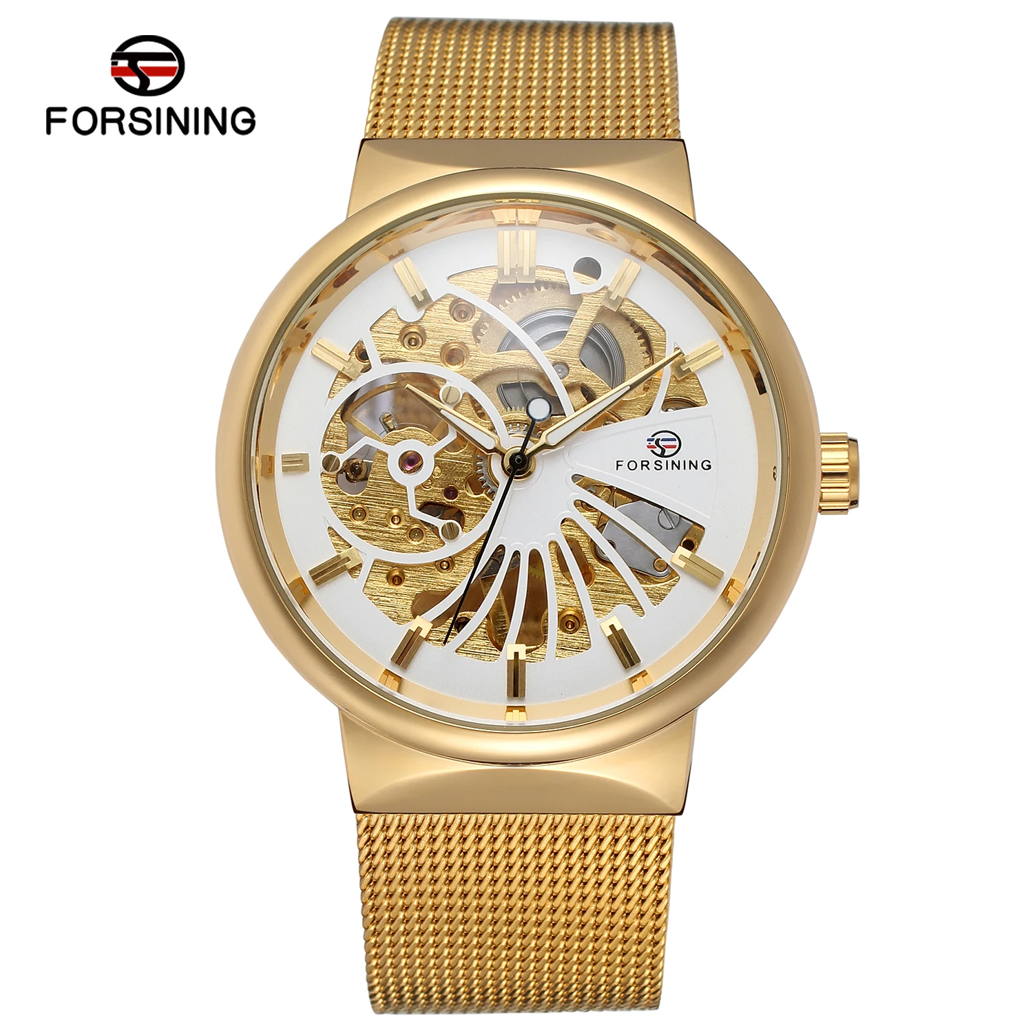 2024 Forsining Fashion Men Gold Color  mechanical Skeleton Watch With Mesh Band for man