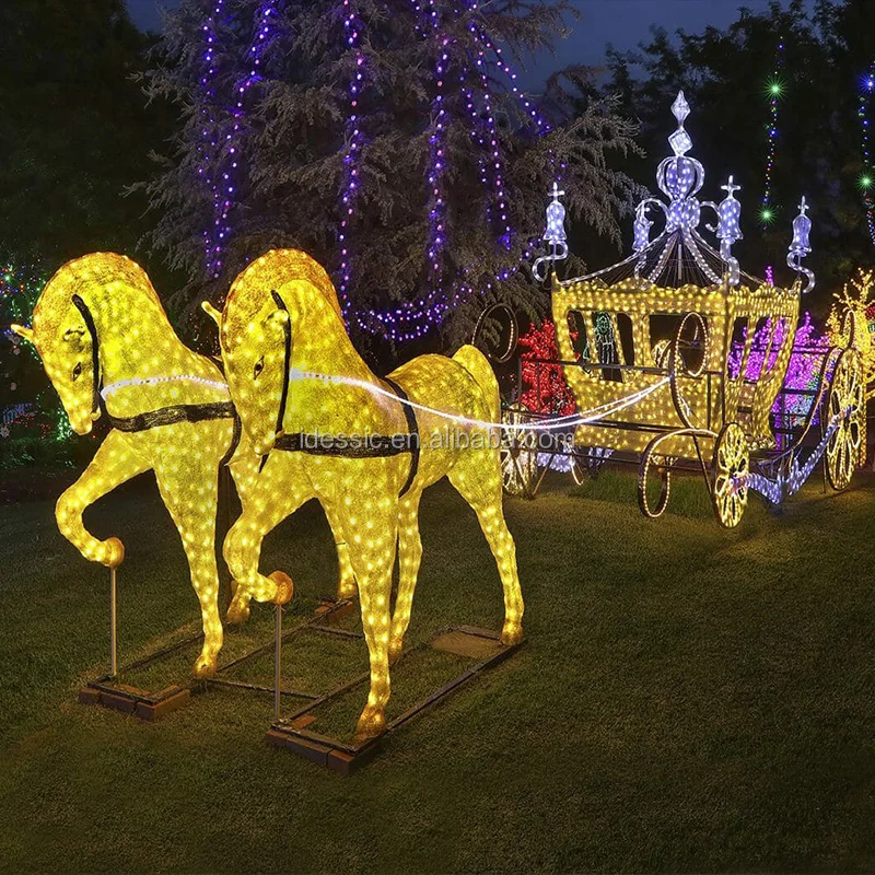 Outdoor 3D LED Lighted Horse Cinderella Pumpkin Carriage for Wedding Mall Christmas Decoration