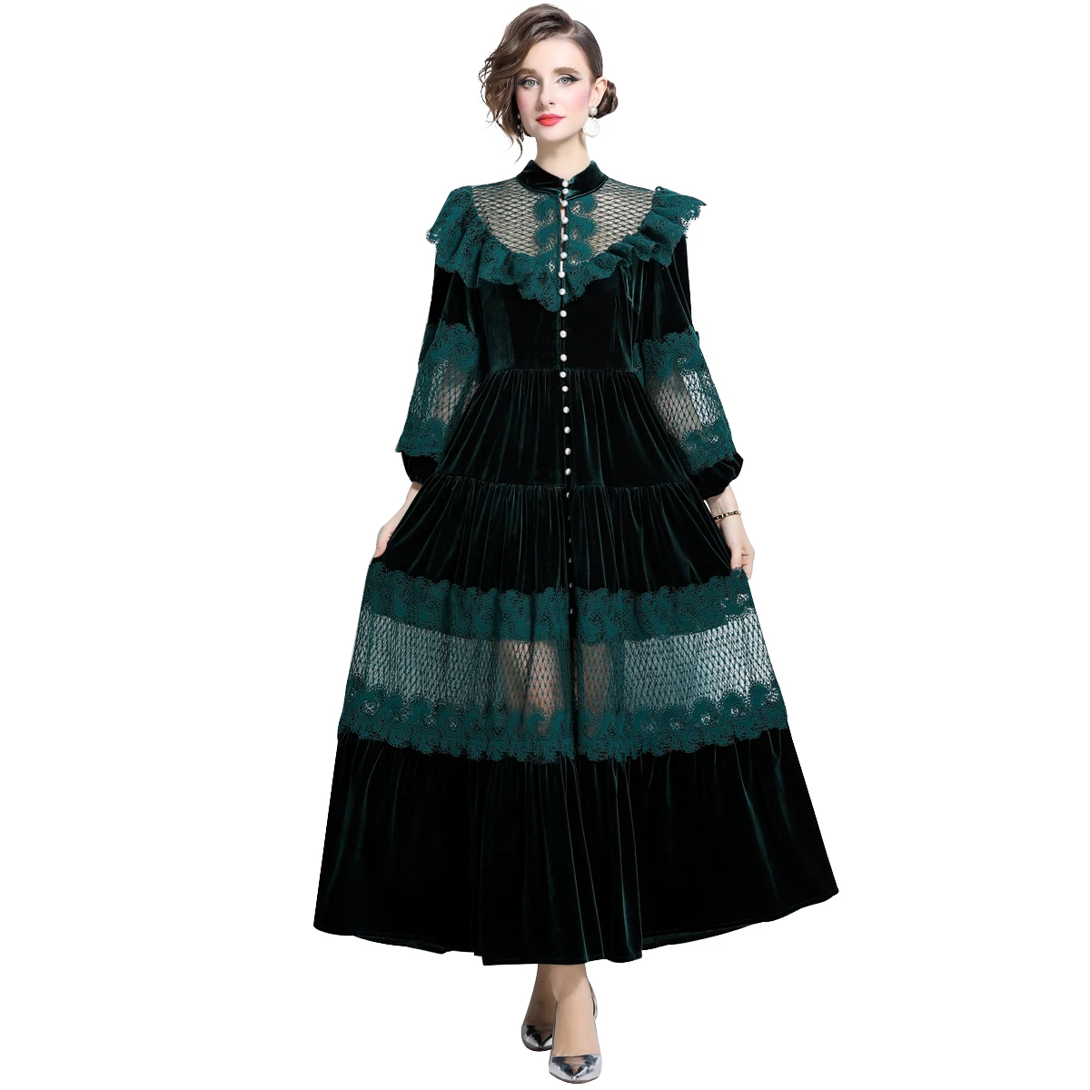 Droma water soluble lace ruffled single row pearl buckle ladies long sleeve beautiful dresses winter loose velvet green dress