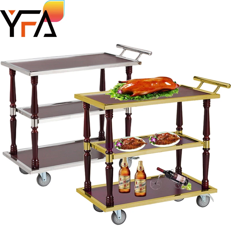 Luxury three-layer stainless steel solid wood multi-functional trolley, restaurant service food delivery cart