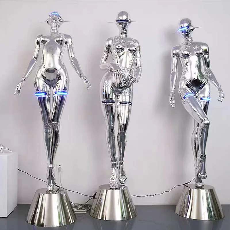 Future Technology Modern Metal Crafts Rotating LED light Robot Women Fiberglass Resin Sculptures  for indoor outdoor decor