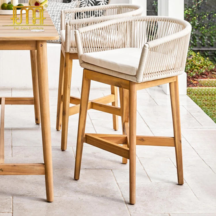 Patio Furniture Teak Wood Leg Rope Outdoor Bar Stools With Arm