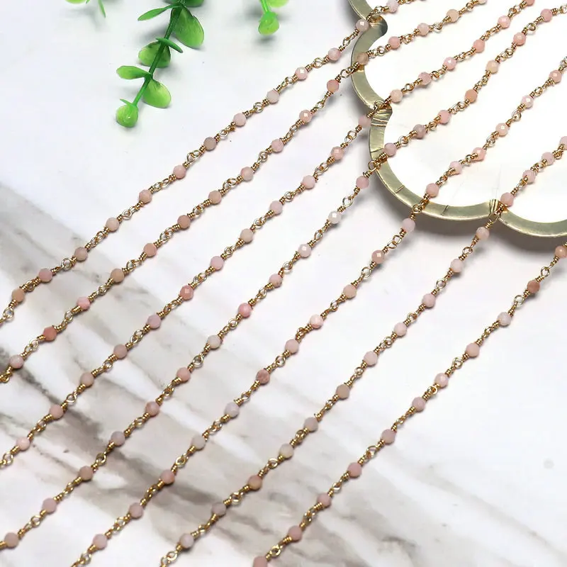 bohemia pink color mini round faceted natural stone beads rosary wrapped brass chain for necklace jewelry