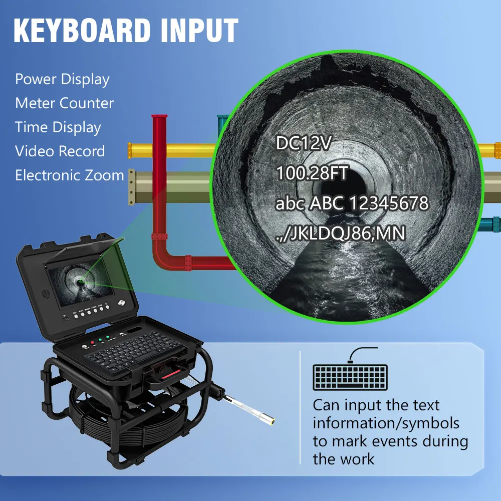 9 Inch IPS 1080P Screen Keyboard input Sewer Pipe Inspection Video Camera 20M-70M 512HZ Locator Auto Self Leveling Meter Counter