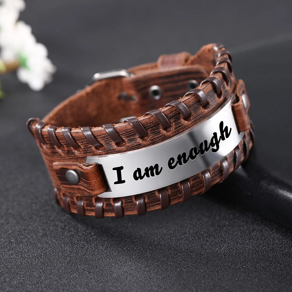 2019 Stainless Steel Engraved Bracelet Personalized bracelet men leather Inspirational Cuff Bangle For Gift