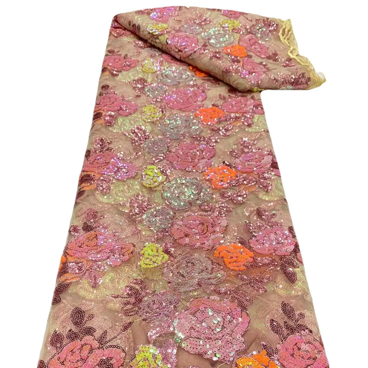 New Product Wholesale African sequin rose flower beads embroidered gauze lace fabric for dress