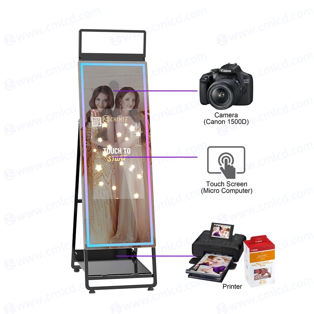 Fold mirror photo booth selfie machine  mirror 32 inch LCD touch screen built in mini pc photo booth shell with flight case