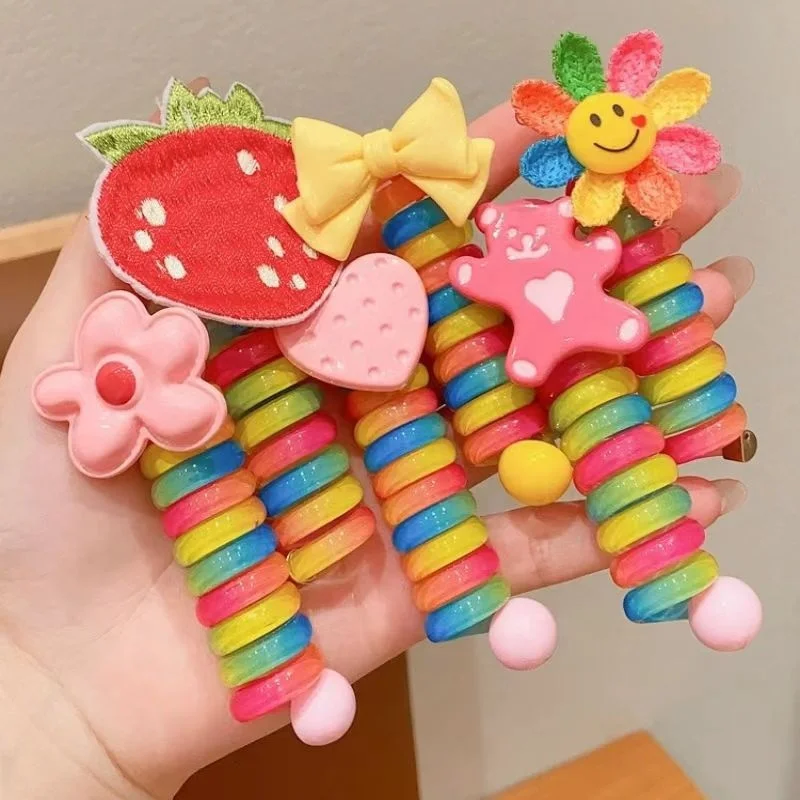 IFOND 2023 Hot Sale Candy Color Pectin Curly Phone Line Hair Ties Cute Cartoon Strawberries Bow High Elastic Hair Ties For Kids
