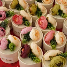 Wedding or Promotion Gift Box Light Pink Flower and Butterfly Knot Ribbon and Heart Tag on Top Light Pink Round Paper Candy Box