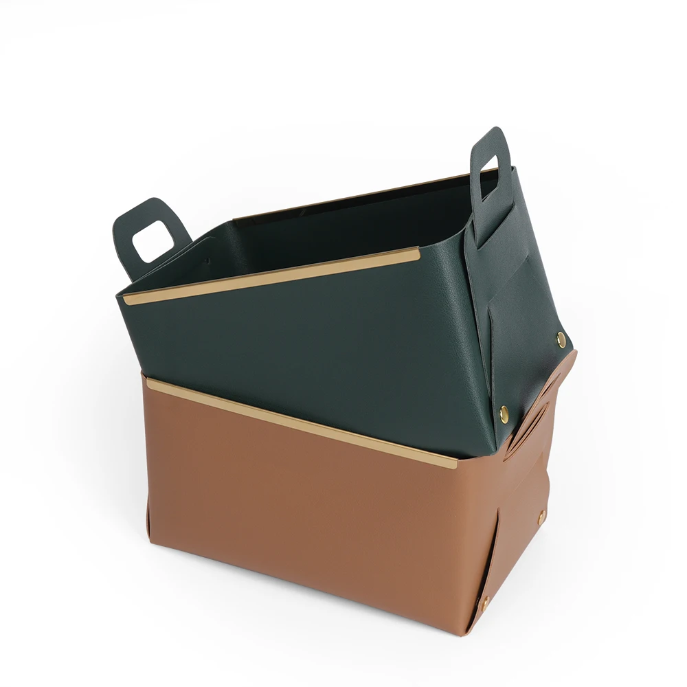 Factory Dual Leather Storage Basket Bins Hanging Wire Laundry Toy Box Camping Fruit Metal Foldable Desk Organizer With Handles