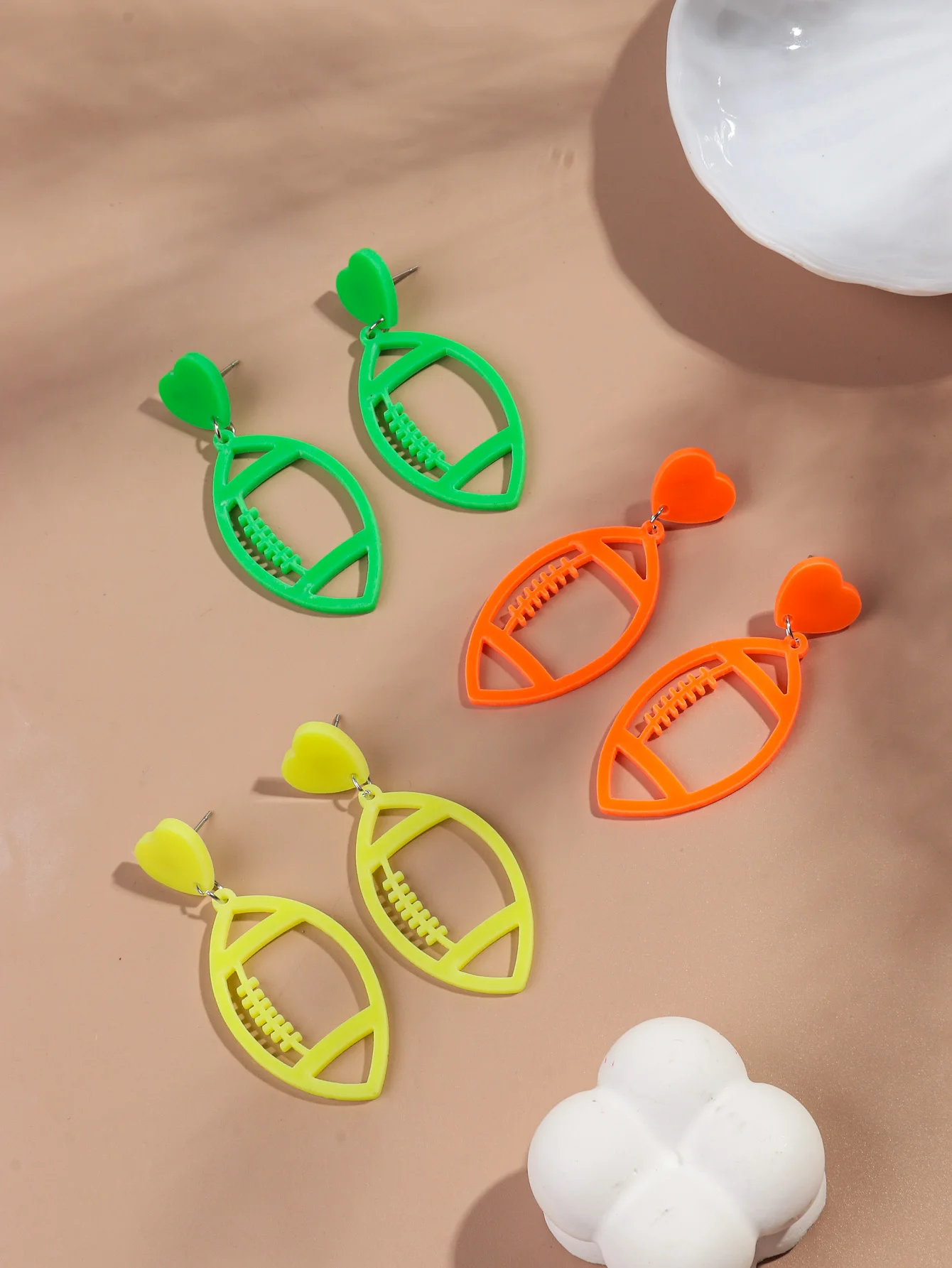 Casual 2024 Sports American Football Resin Earrings Colorful Heart Neon Hollow Pendant Rugby Acrylic Drop Earrings for Girls