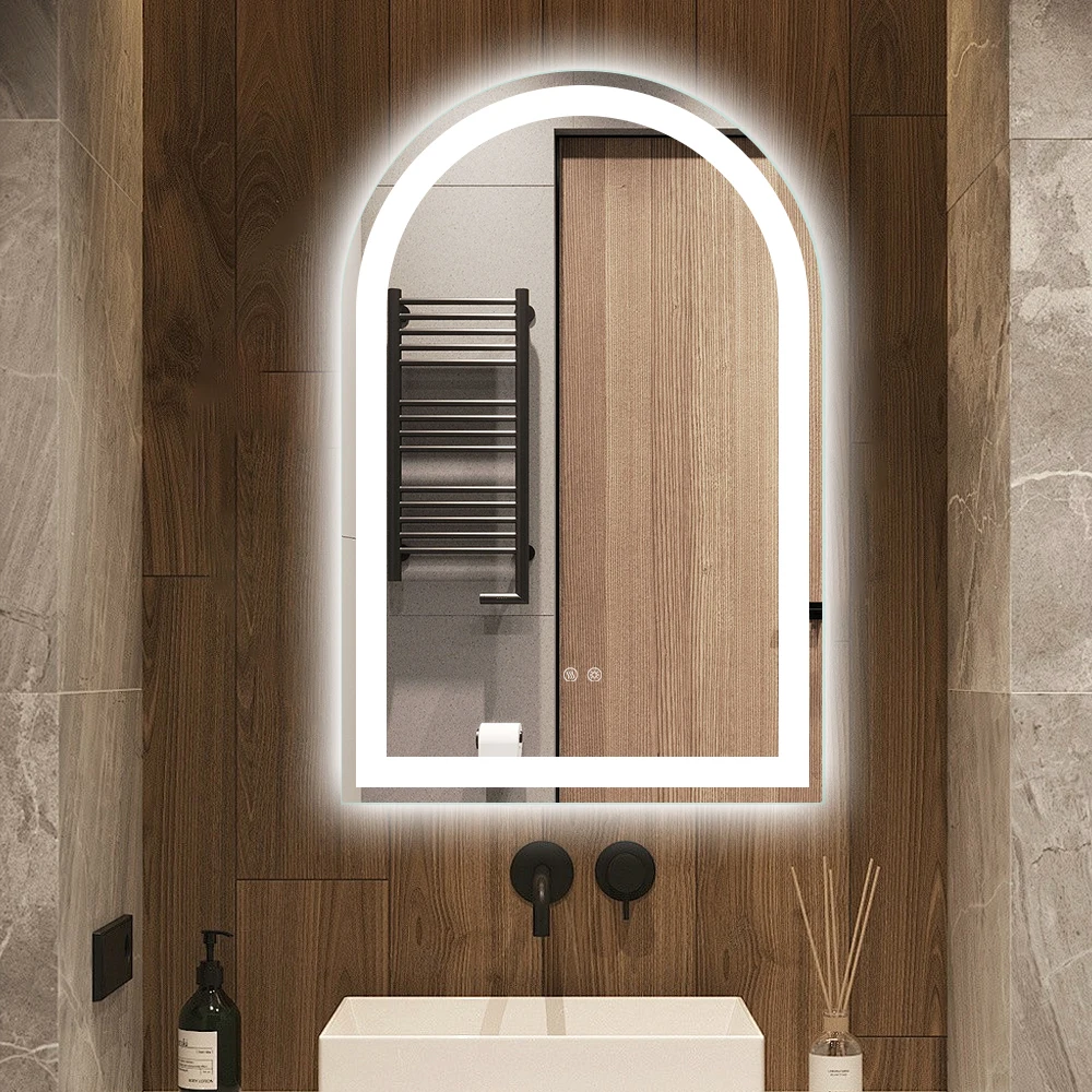 Anti-Explosion Frameless Arched Bathroom Lighted Mirror with Anti Fog Touch Screen Bath Mirrors