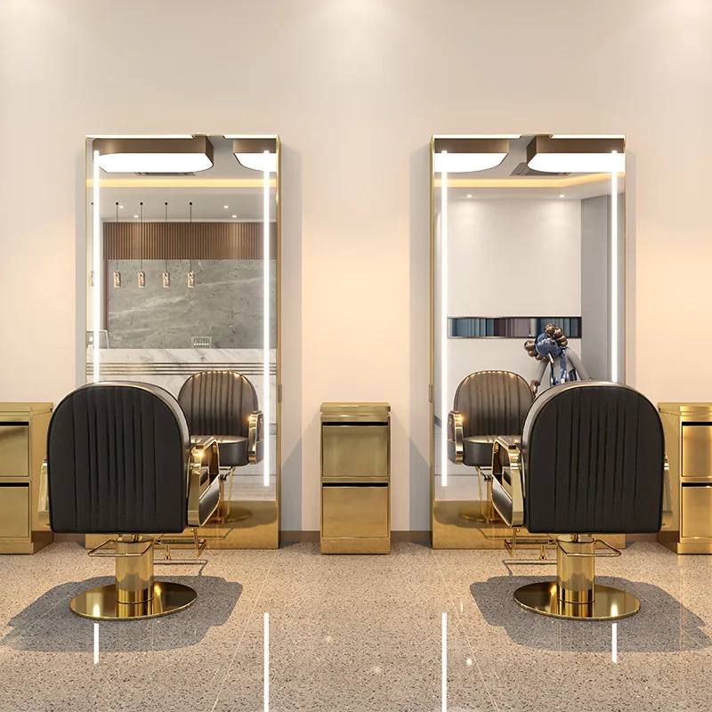 Горячая Распродажа индивидуальная Парикмахерская станция двустороннее зеркало салон со светодиодной