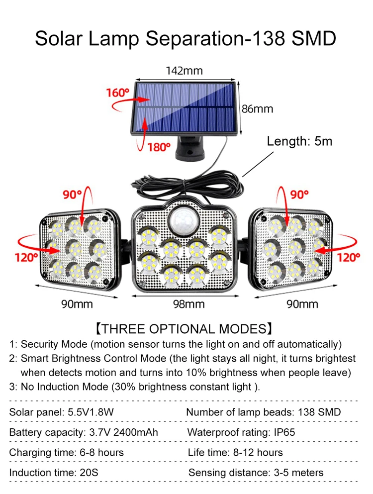 Solar Split Lights 8W 800LM  Solar Pendant Lights 138leds Solar Shed Lights PIR DIM Sensor Led Wall Security Lamp 6000K-6500K IP