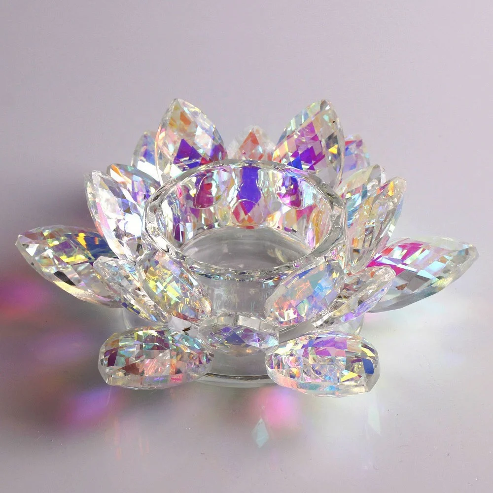 Wholesale Rainbow Colorful Crystal Glass Lotus Flower Shaped Candle Holders For Wedding Decorations