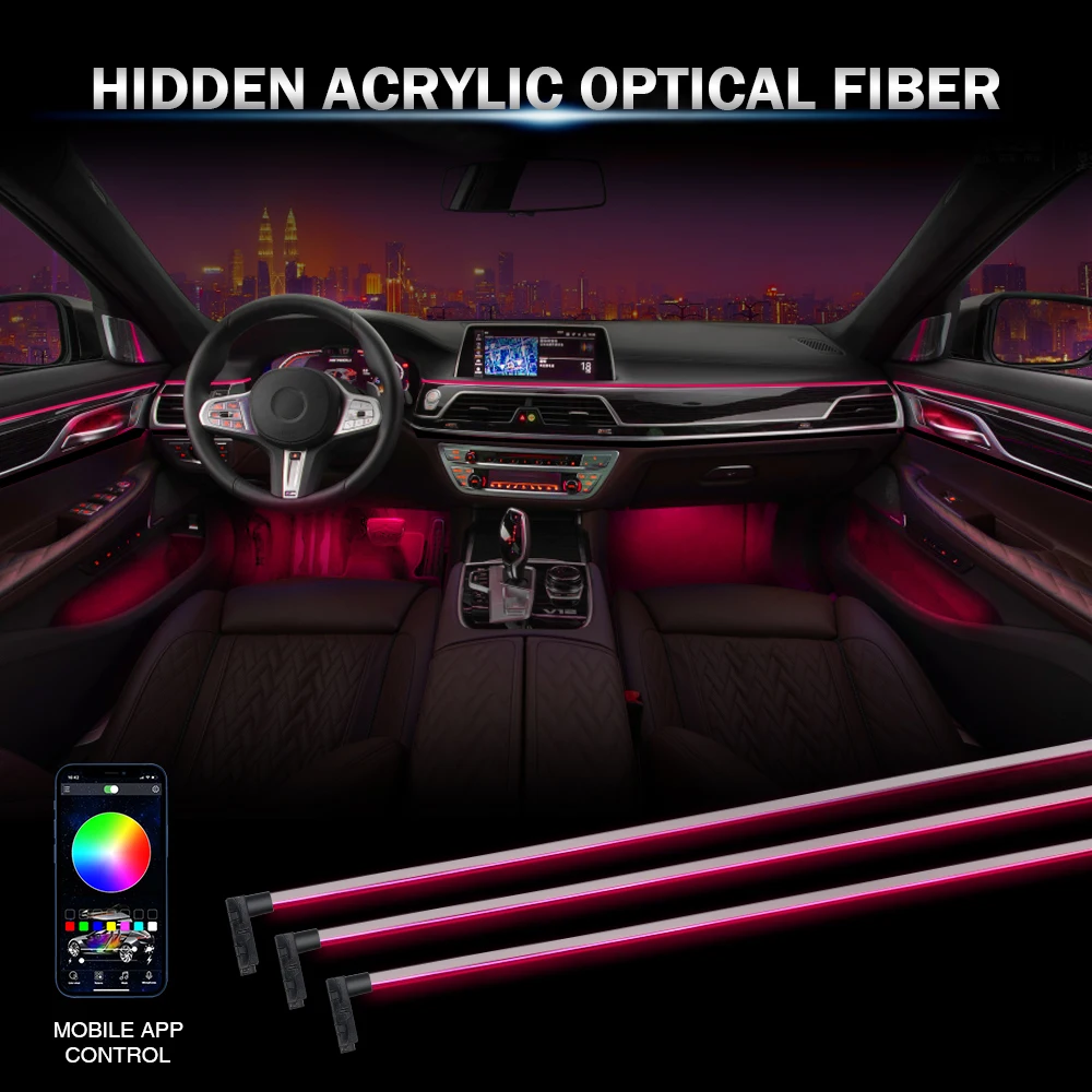 18 in 1 APP Control Acrylic RGB Car Fiber Optic Light Vehicle Universal LED Car Ambient Light Strips