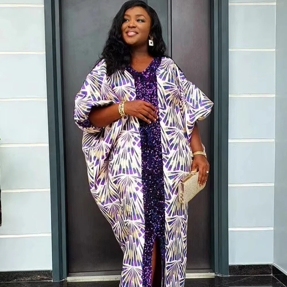 Muslim patchwork printed robes are hot selling in Africa, loose printed bead V-neck dresses