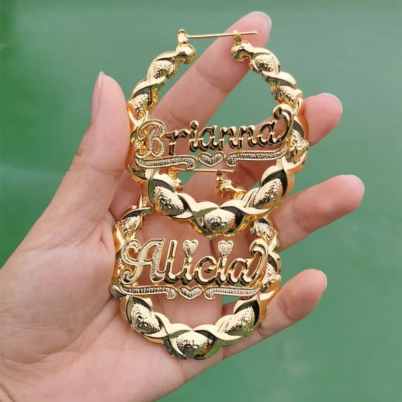 
Gold Plated oversized Hoop Earring Custom Personalised Bamboo 3d Names hug kiss Jewelry Big Xoxo Earrings 