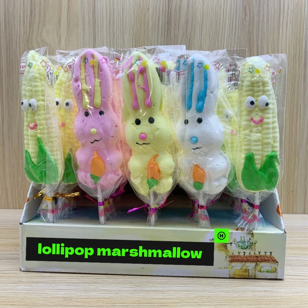2024 Hot cute snacks candy wholesaler 16g rabbit animal corn shape cotton  candy marshmallow lollipop fruity sweet candy toys
