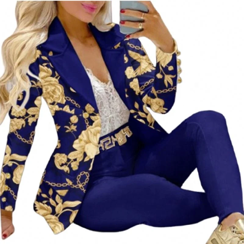 KC Latest Design Long Sleeve Ladies Formal Suits Womens Blazer And Pants Set Printing Womens Suits & Tuxedo