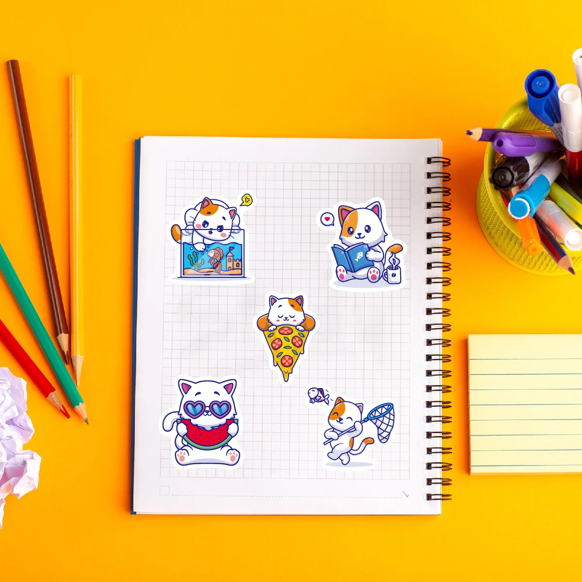 Free Design 50psc Cute Cat Stickers Graffiti Watercup Laptop Stationery Decoration Waterproof Cartoon Pet Vinyl Die Cut Sticker