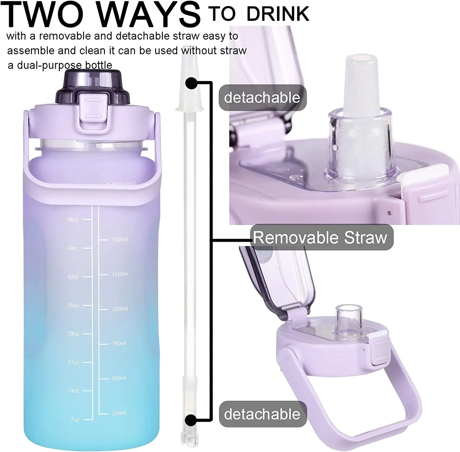hot sale 2000 ml BPA free plastic Outdoor Sports water Bottle with Time Maker and straw