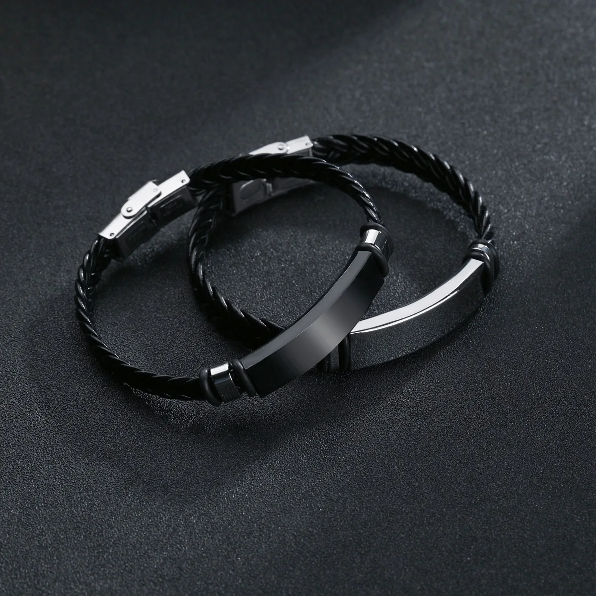 new fashion stainless steel leather woven bracelet men and women,smooth surface blank plate custom name bracelets