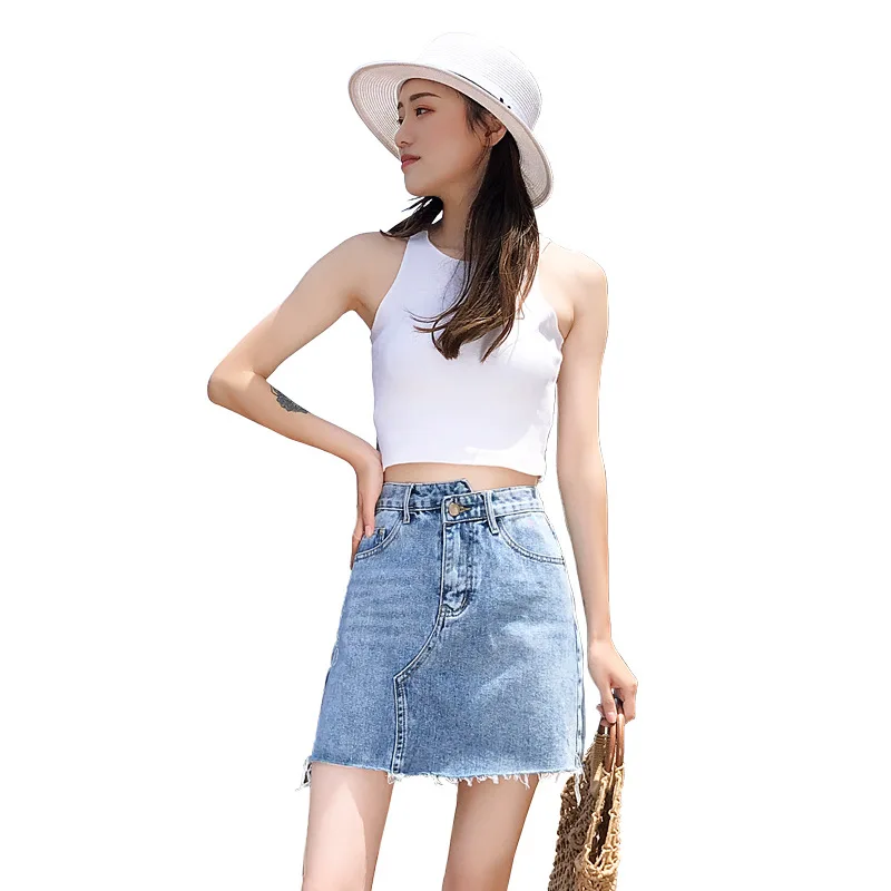 Women Summer Black Blue Solid Casual High Waist Pencil Denim Skirts High Street Pockets Button All-matched Jeans Skirt