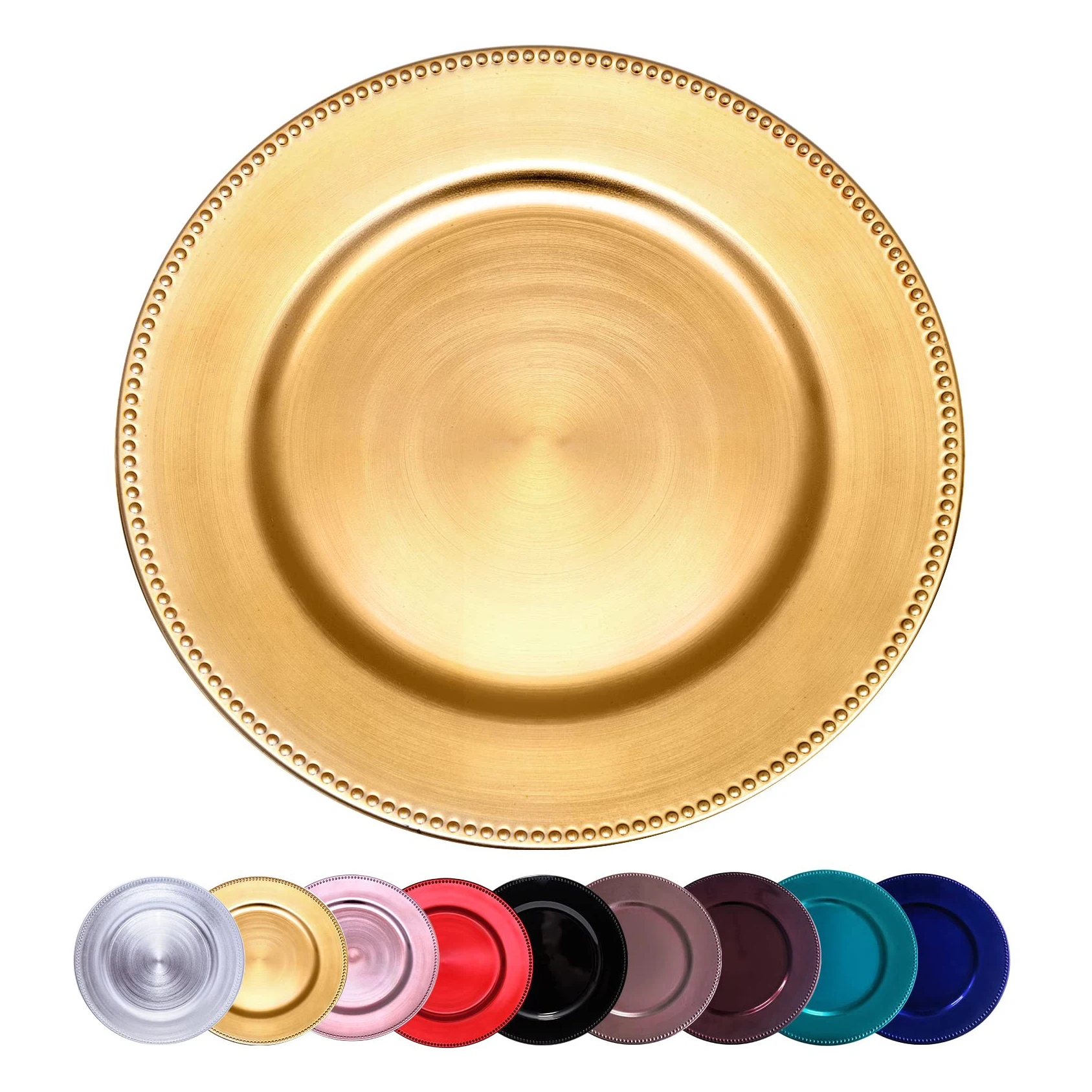 Wedding 13 inch Decorative Round Gold Foil Plastic Charger Plate with Gold Beads for Event Dinner Plate