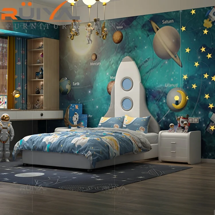 Upholstered Soft Kids Home Furniture Modern rocket shape children wooden double bed designs