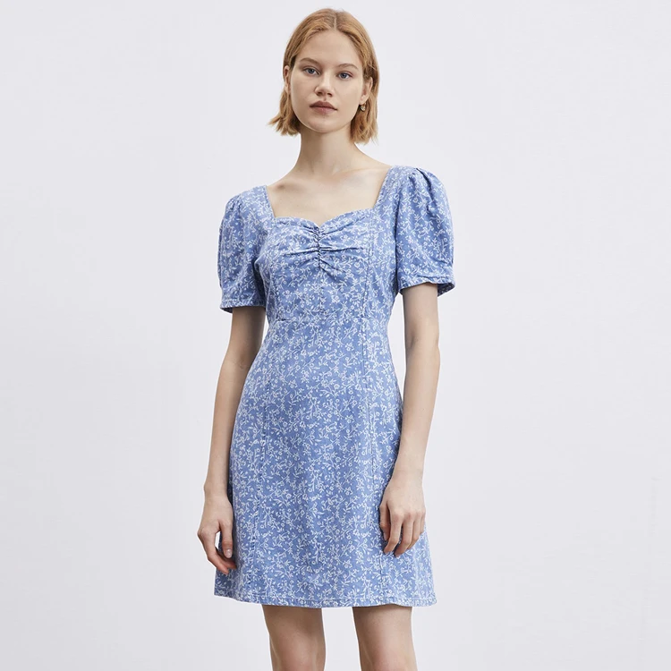 Factory customized summer boho square neck bishop sleeve retro flower print ruffle sexy short mini dress