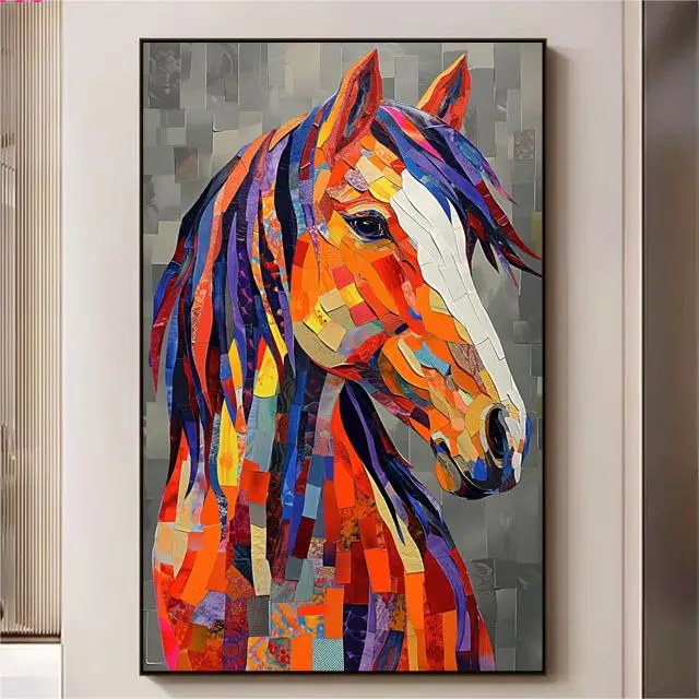 3D Colorful Horse Abstract Minimalist Oil print Painting on Canvas Custom Living Room Wall art Decor Animal Paintings texture