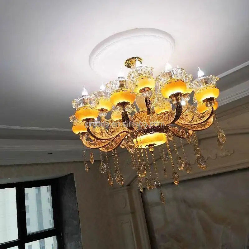 Royal classical custom round large yellow jade chandeliers living room pendant ceiling light luxury golden crystal chandelier